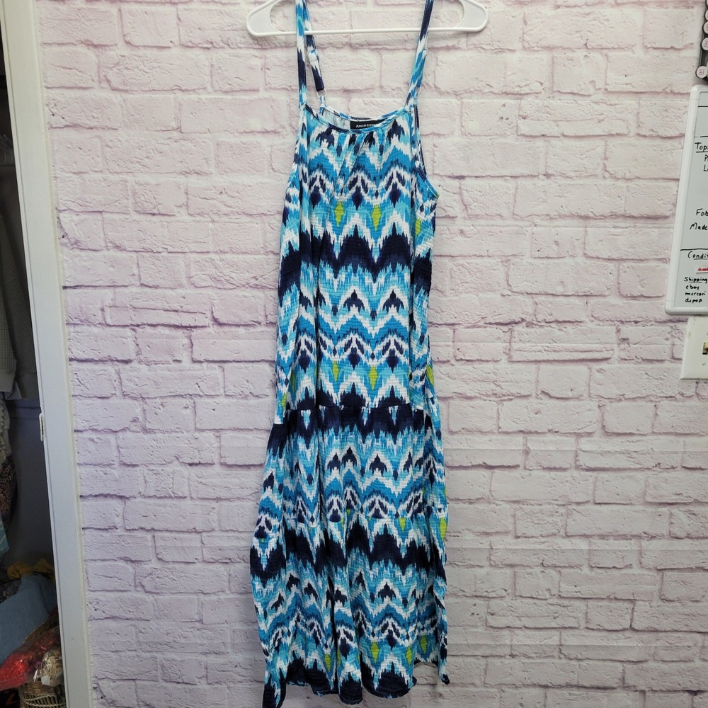Ashley Stewart Ikat Print Maxi Tank Dress 14/16 Blue Boho Resort Coastal Flowy